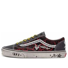 The Vans Stranger Things x Style 36 'Hellfire Club' is a rebellious sneaker with a classic silhouette. Featuring a black and red checkerboard pattern and canvas upper, it is detailed with skull, axe and dragon throw star motifs. The perfect distressed sole and laces add to its edgy personality. Inspired by the fourth season of Stranger Things, this sneaker is perfect for everyday wear and activities like skateboarding. The 'Hellfire Club' is a must-have for any Stranger Things fan. (SNKR/Skate/Unisex/Low Top/Non-Slip/Crossover/Wear-resistant) Vans Custom Low-top Sneakers With Laces, Vans Streetwear Sneakers With Vulcanized Sole, Vans Sneakers With Vulcanized Sole For Streetwear, Vans Vulcanized Sole Sneakers For Streetwear, Urban Style Vans Custom Lace-up Sneakers, Custom Vans Sneakers For Streetwear, Urban Vans Custom Sneakers With Rubber Sole, Vans Custom Sneakers For Streetwear, Urban Low-top Custom Vans Sneakers