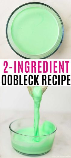 two ingredient oobleck recipe in a glass bowl with green liquid being poured into it