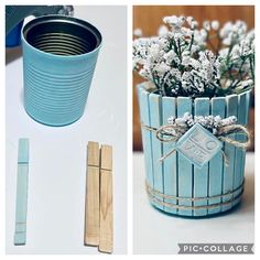 two pictures, one is blue and the other has white flowers in a tin can