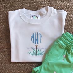 Golf Tee Monogram Shirt – The Velvet Buttercup Classic Cotton Tops With Monogram Print, White Monogram Crew Neck Top, White Monogrammed Short Sleeve Top, White Monogram Short Sleeve Top, White Monogram T-shirt With Crew Neck, Monogram Onesies, Golf Embroidery, Embroidery Shirts, Monogram Shirt