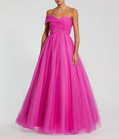 Mac Duggal One Off the Shoulder Bustier Ball Gown | Dillard's Pleated Bodice Strapless Dress For Debutante Ball, Strapless Dress With Pleated Bodice For Debutante Ball, One-shoulder Gown With Ruched Bodice For Gala, One-shoulder Tulle Dress For Formal Occasions, Formal One-shoulder Tulle Evening Dress, Formal Tulle Gown With Ruched Bodice, Strapless Prom Ball Gown With Ruched Bodice, Sleeveless Ruched Bodice Strapless Dress For Debutante Ball, Fitted One-shoulder Tulle Gown