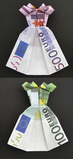 two origami dresses made out of euro bank notes, one in white and the other in green