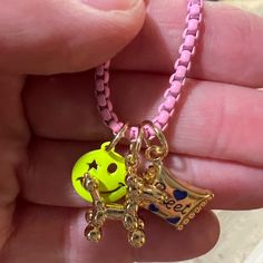 Pink Enamel , Magnetic Good Clasp With 3 Inch Extender, Yellow Smiley Face Charm, Gold Candy Charm, Gold Balloon Dog Charm, Brand New Never Worn . Fun Pink Adjustable Charm Necklace, Pink Adjustable Fun Charm Necklace, Fun Pink Adjustable Charm Necklaces, Cute Adjustable Yellow Necklace, Cute Adjustable Yellow Necklaces, Fun Pink Personalized Charm Necklaces, Fun Pink Charm Necklace For Birthday, Personalized Pink Charm Necklaces, Personalized Pink Fun Charm Necklaces