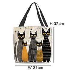 three black cats are sitting together on a white background with the measurements for this tote bag