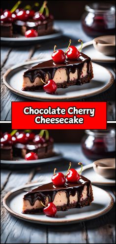 chocolate cherry cheesecake on a plate with cherries