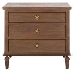 a wooden dresser with three drawers on one side and two brass knobs on the other