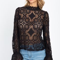 Sheer Knit Top Featuring An Floral And Geo Crochet Lace Mock Neck With Lace Trim Long Sleeves With Bell Cuffs Back Keyhole With Button Loop Closures Waist Length Material:55% Nylon 45% Cotton Elegant Stretch Crochet Top For Fall, Elegant Black Open Knit Tops, Spring Black Lace Top With Crochet Details, Black Crochet Lace Top For Spring, Black Lace Top With Crochet Details, Black Long Sleeve Crochet Lace Top, Fitted Black Top With Crochet Lace, Black Fitted Crochet Lace Top, Black Lace Crochet Top For Spring