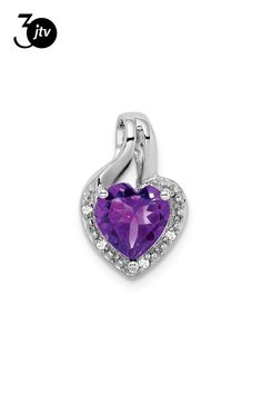 Rhodium over 14k white gold 1.25 cttw amethyst and diamond heart pendant. Measures approximately 5/8"L x 3/8"W. Purple Heart Cut Cubic Zirconia Jewelry, Purple Fine Jewelry For Valentine's Day, Purple Heart Cut Sterling Silver Jewelry, White Gold Amethyst Jewelry With Diamond Accents, Heart Cut Purple Jewelry With Accent Stones, Purple Heart Cut Jewelry With Accent Stones, Valentine's Day Purple Diamond Jewelry, Heart Pendant Diamond, Diamond Heart