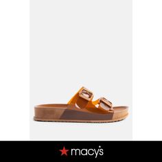 in stock Chic Brown Sandals For The Beach, Trendy Brown Footbed Sandals For Summer, Chic Brown Synthetic Slides, Brown Synthetic Slides For Beach, Brown Flat Footbed Sandals For Beach, Brown Flat Sandals With Buckle Closure, Brown Open Toe Synthetic Sandals, Brown Double Strap Slides For Spring, Trendy Brown Beach Sandals