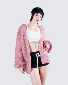 Cozy up in the cutest way with this slouchy pink cardigan 💗 Crafted from high-quality hand-knitted fabric, this piece features an oversized fit and long sleeves, perfect for those snug and stylish moments 😌 Chunky Hand Knit, Black Off Shoulder Top, Hand Knit Cardigan, Vegan Leather Skirt, Black Off Shoulder, Chunky Cardigan, Sequin Mini Skirts, Pink Cardigan, White Jersey