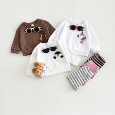 Playful Long Sleeve Sets For Fall, Cute Long Sleeve Sets For Fall, Cute White Sets For Fall, White Cartoon Print Sets For Fall, Casual Playwear Sets For Fall, Playful Playwear Sets For Fall, Cute Brown Tops For Playwear, Cute Cartoon Print Sets For Fall, Brown Cotton Sets For Fall