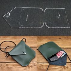 there are three pictures showing how to make a purse with scissors and tape on the floor