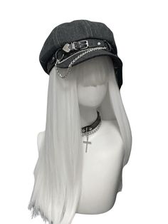 ❤︎Metal cool chain gray denim casket❤︎ Visual Kei Accessories, Alt Hats, Jirai Aesthetic, Hat With Chains, Grunge Hats, Kawaii Hats, Bratz Core, Goth Hat, Y2k Hats