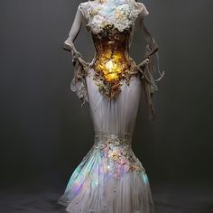 a dress made out of fabric and flowers with lights in the back, on display