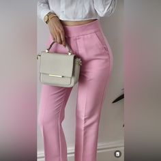 Zara New With Tags Ankle Pants Pink High-Waisted Pants With Side Pockets And Back False Welt Pockets. Front Zip, Metal Hook, And Interior Button Closure. Color Pink Outer Shell 55% Cotton 42% Polyester 3% Elastane Blogger's Favorite Already Sold Out At Store And Online. All Sales Are Final. No Returns. Please Ask All Questions Before Purchasing. Thank You For Looking Trendy High Waist Wide Leg Office Pants, Spring Stretch Bottoms For Office, Spring High-waisted Office Pants, High Waist Wide Leg Pants For Business Casual, Trendy High Waist Dress Pants For Office, Spring Office Pants, Non-stretch Office Pants For Spring, Spring Office Bottoms, Spring Workwear Dress Pants