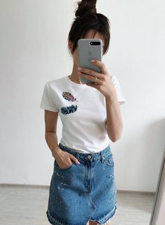 Casual T-shirt With Embroidery As Gift, Casual Embroidered Graphic T-shirt As Gift, Casual Embroidered Everyday T-shirt, Bohemian Short Sleeve T-shirt With Floral Embroidery, Bohemian T-shirt With Floral Embroidery, Feather Embroidery, Boho Embroidery, Denim Embroidery, Embroidered Tee