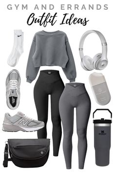 Grey Sweatshirt And Leggings Outfit, Gray Workout Outfit, New Balance Gym Outfit, Outfits With Gray Leggings, How To Style Grey Leggings, Leggings And Nike Socks Outfit, Outfits With Grey Leggings, How To Style Black Leggings, How To Style Leggings