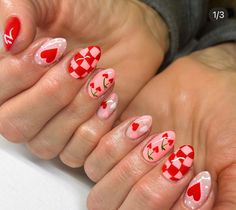 Red Nails Valentines, Red Pink Nails, Pink And Red Nails, Nails Cherry, Checkered Nails, Retro Nails, Valentine Nail Art, Nails Valentines