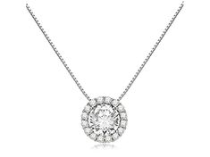 This divine pendant boasts a brilliant Round cut 6.5 mm (1.0 carat) Cubic Zirconia stone (CZ). Creating a halo around the main stone are 16 more 1.5 mm CZs for a total diamond equivalent of 1.24 carats . Our top-grade AAAAA CZ look just like a real diamond that would cost thousands of dollars. Professionally mounted in a heavy basket setting, this radiant pendant dangles from a 16-inch box link chain with a springring clasp. All are crafted in solid 14K White or Yellow Gold, with no other metals Diamond White Round Pendant Jewelry With Center Stone, Diamond White Jewelry With Center Stone Round Pendant, Anniversary Necklace With Round Center Stone, White Gold Necklaces With Center Stone For Anniversary, Anniversary Cubic Zirconia Necklace With Center Stone, Moissanite Necklace With Center Stone As Gift, Diamond Necklace With Center Stone As A Gift, White Gold Diamond Necklace With Center Stone As Gift, White Gold Necklace With Center Round Stone