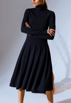 "Flared midi dress in dark blue shade: stand-up collar, long sleeve, cut-off waist with a pleated skirt in a wide pleat.  Fabric: Polyester 97% Spandex 3% Closure: Invisible back zipper Back length: 106 cm                 chest              waist          hip S:  82-86cm    62-66cm   90-94cm    (32.3-33.8\") (24.4-26\") (35.4-37\") M:  86-90cm    67-70cm   94-98cm      (33.8-35.4\") (26-27.5\") (37-38.6\") L:   90-94cm   70-74cm    98-102cm     (35.4-37\")  (27.5-29.1\")  (38.6-40.1\") XL:  94-9 Blue Spring Dresses, Blue Dresses For Women, Spring Midi Dress, Stylish Midi Dress, Classic Turtleneck, Dark Green Dress, Spring Dresses Casual, Marine Uniform, Dark Blue Dress