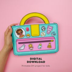 a hand holding a pink and blue purse on top of a pink background with the words digital printable diy project for kids