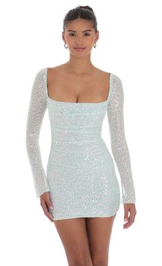 Knit Sequin Long Sleeve Dress in Blue Light Blue Sparkly Dress, Long Sleeve Sparkle Dress, Long Sleeve Hoco Dress, Winter Formal Dresses Long, Long Sleeve Sparkly Dress, Snowball Dresses, Short Sparkly Dresses, Winter Dance Dresses, Winter Ball Dresses