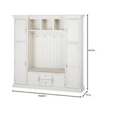 the measurements for a white entertainment center with drawers and cupboards on each side is shown