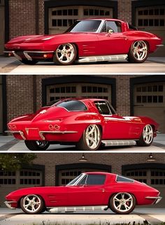 two pictures of a red car parked in front of a garage