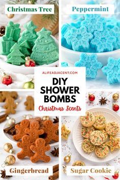 Learn how to make DIY shower bombs with essential oils! Not just for Christmas, these easy shower bomb recipes can be enjoyed year round for a dose of shower aromatherapy. You'll discover 4 varieties with holiday essential oil blends. Includes peppermint shower steamers for colds, gingerbread wake up shower melts, sugar cookie relaxing shower bombs, and Christmas tree shower tablets for cough and congestion. Shower Steamers Diy, Bombe Recipe, Bath Bomb Recipes, Sugar Scrub Diy, Diy Shower, Christmas Scents, Homemade Bath Products, Epsom Salt