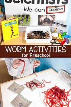 a young boy is working on his science project with worm activities for pre school students