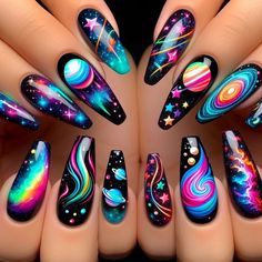 Exciting Nail Designs, Lgbt Nail Art, Birthday Tattoos, Cosmic Nails, Rave Nails, Florida Nails, Space Nails, Nails Pretty, Punk Nails