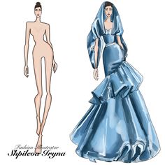 an illustration of a woman in a blue dress and another drawing of a mannequin