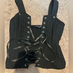 Never Worn Before, Is Missing Black Ribbon Ties At On The Straps But I Will Replace These Before Shipping. I Also Trimmed The Ribbon To Lace The Top Up. Trendy Black Corset With Built-in Bra, Black Crop Top Corset With Built-in Bra, Black Sleeveless Corset With Built-in Bra, Fitted Cotton Camisole For Party, Black Spring Gothic Corset, Trendy Crop Top Corset For Night Out, Night Out Tops With Corset Back And Tank Straps, Black Crop Top With Corset Back For Party, Camisole Tank Top With Corset Back For Night Out