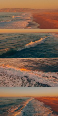 three different shots of the ocean at sunset