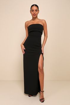 Classy Consideration Black Strapless Maxi Dress Strapless Black Dress Maxi, Dresses For A Fancy Dinner, Cute Black Dress For Wedding, Strapless Long Black Dress, Black Dress For Quinceanera Guest, Wedding Guest Evening Dress, Long Black Hoco Dress, Black Formal Dress Wedding Guest, Black Bridesmaid Dresses Lulus