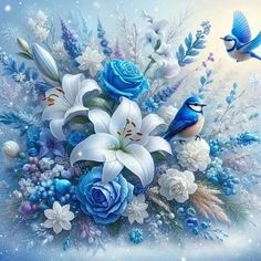 a painting of flowers and birds on a blue background