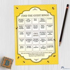 a bee themed game with the words find the guest bingo on it and a pencil next to it