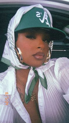 Fitted hat and scarf 90s Hat Outfit, Teal Hat Outfit, Atv Riding Outfit Black Women Ski Mask, Black Women In Durags, Durag With Hat, Scarf Over Fitted Hat, Scarf Around Head Outfit, Scarf On Head Outfit Summer, Black And White Hat Outfit