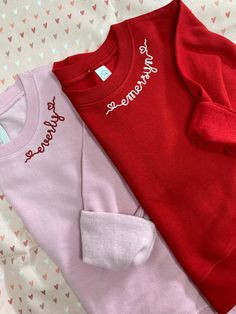 Seriously obsessed! The perfect sweatshirt for Valentine's Day and great if you want to match with your mini! Valentine’s Day Embroidery, Lane Johnson, Stitch Sweatshirt, Basic Hand Embroidery Stitches, Hand Stitches, Applique Sweatshirt, Day Collar, Toddler Valentines, Diy Sweatshirt