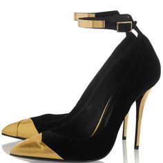 Elevate your style with these chic Black Gold ankle-strap heels. Featuring a pointed toe and stiletto heel design, these pumps exude sophistication and glamour for any special occasion. Color: Black and gold Heel Type: Stiletto heel Heel height: 4" / 100 mm approx Product measurements were taken using size 8. Please note that measurements may vary by size. Toe: Pointed toe Adjustable ankle strap design Metallic gold cap toe design Handcrafted US sizing. Fits true to size. Gold Ankle Strap Heels, Gold Caps, Pumps Heels Stilettos, Gold Heels, Stiletto Pumps, Ankle Strap Heels, Designer Heels, Toe Designs, Strap Heels