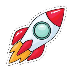 a red and white rocket ship with a green eye on it's side, flying through the air