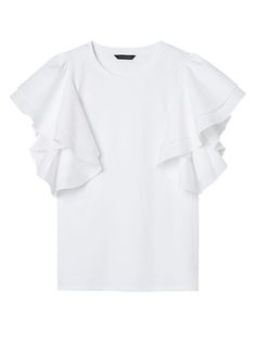 Flutter Sleeve Couture Tee Cotton Ruffle T-shirt With Flutter Sleeves, Cotton T-shirt With Ruffles And Flutter Sleeves, Summer Flutter Sleeve Ruffled T-shirt, Summer Ruffle Flutter Sleeve T-shirt, Summer Ruffle T-shirt With Flutter Sleeves, Summer Ruffled Relaxed Fit T-shirt, Crew Neck Ruffled Cotton T-shirt, Ruffled Cotton Crew Neck T-shirt, Summer Relaxed Fit Ruffled T-shirt