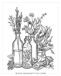 Herbs and Potions Coloring Page Witchcraft Coloring Pages, Witchy Coloring Pages Simple, Pagan Coloring Pages, Witchy Coloring Pages Free Printable, Free Witch Coloring Pages, Witchy Coloring Pages For Adults, Magic Coloring Pages, Witchy Coloring Pages, Cute Witch Coloring Pages