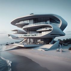 an unusual house on the beach with stairs going up to it's top floor