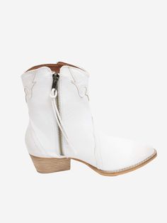 white western style booties from side with zipper Ankle White Western Boots, White Western Style Mid-calf Boots For Western-themed Events, Western Style White Mid-calf Boots, White Western-style Fitted Heeled Boots, Western White Mid-calf Boots With Reinforced Heel, White Booties, First Choice, Western Style, Wedge Boot