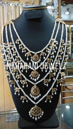 Beautiful Indian/ Pakistani bridal necklace with four strings of freshwater pearls and 21k goldplated hinges and hanging motifs Pearl Mala, String Necklace, Necklace Indian, Jewellery Sets, Fresh Water Pearls, Mala Necklace, Pakistani Bridal, Water Pearls, Multi Strand Necklace