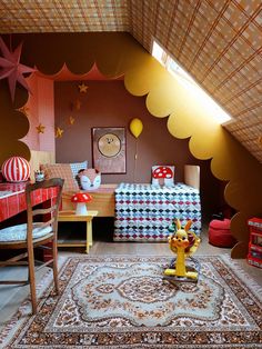 a child's playroom with toys and decor in the attic style, including an animal rug