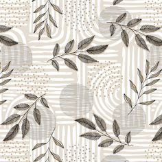 an abstract pattern with leaves and circles on a beige, black - and - white background