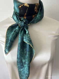 Vibrant turquoise green natural mulberry silk square scarf with size of 88 cm x 88 cm/ 35 in x 35 in. Hand-rolled golden edges with hand stitching finishing. Gorgeous, velvety turquoise print, embellished with dreamy golden-copper streaks. Soft and lustrous silk charmeuse, light weight, semi translucent, breathable and skin-friendly fabric feels very comfortable to wear. Can style in different ways: wear this scarf as a neck scarf, as a hair wrap scarf, as a head scarf, as a small shawl...Suitab Copper Streaks, Golden Copper, Hair Wrap Scarf, Silk Neck Scarf, Scarf Hair, Scarf Head, Turquoise Print, Square Silk Scarf, Scarf Silk