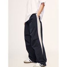 Loose Retro Color-Block Sports Wide-Leg Pants Material: 100%Polyester Size: S, M, L, XL Color: Navy Blue, Purple Applicable Scene: Leisure, Daily, Vacation Urban Style Blue Long Pants, Blue Sports Sweatpants With Elastic Side Panels, Blue Workout Bottoms With Elastic Side Panels, Casual Trousers With Contrast Color, Blue Wide Leg Bottoms With Contrast Color, Sporty Blue Pants With Elastic Side Panels, Sporty Blue Joggers With Side Stripes, Blue Sporty Joggers With Side Stripes, Blue Sweatpants With Side Stripes